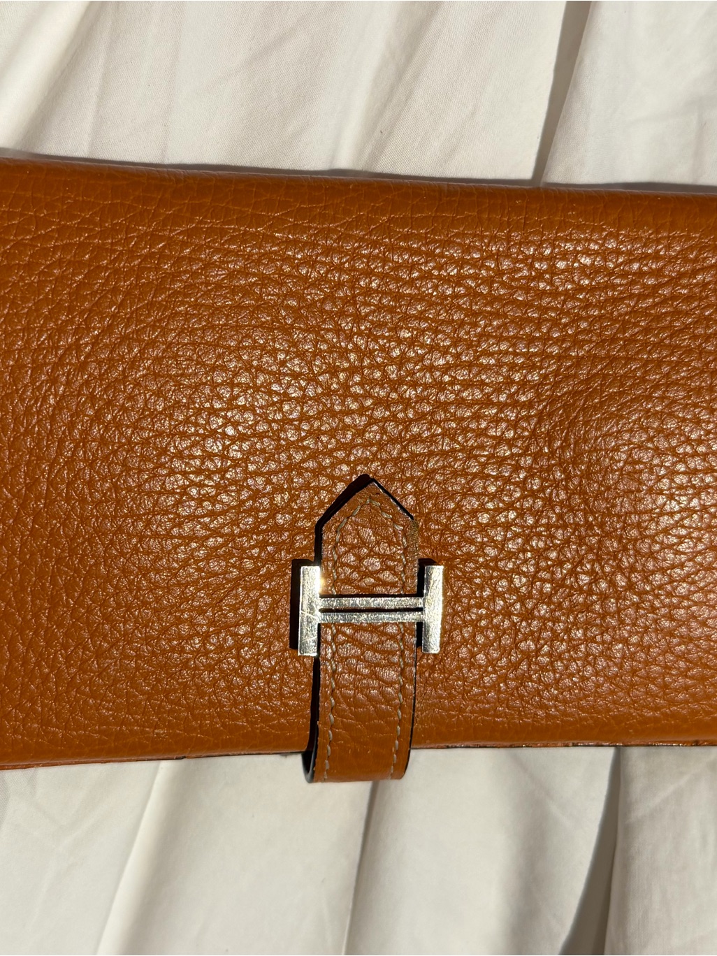 Hermes Cognac Brown Togo Leather Wallet With Silver H Closure